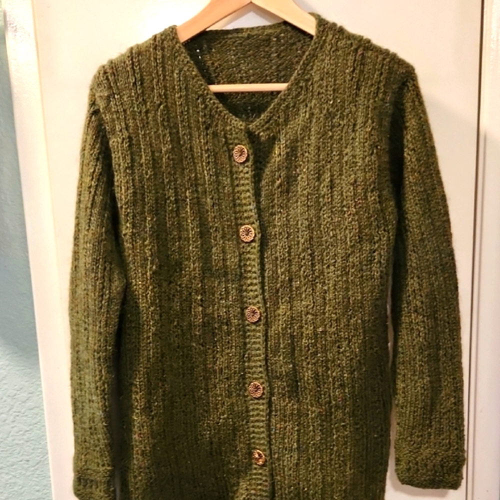 Handmade Olive Green Knit Cardigan with Decorative Goldtone Buttons - Picture 3 of 13